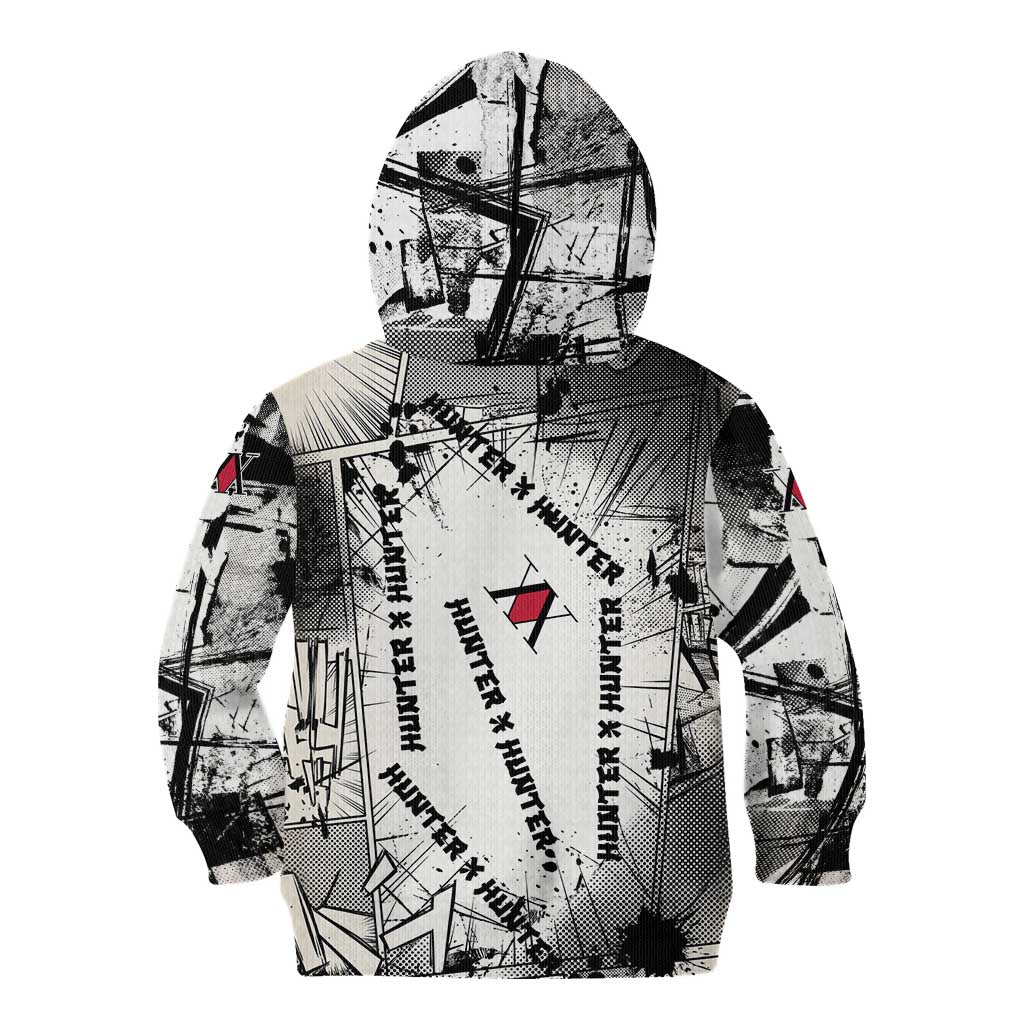 Killua Silva Illumi Team Design Kid Hoodie with Monochrome Graffiti Background and Hunter Association Symbols - The Mazicc