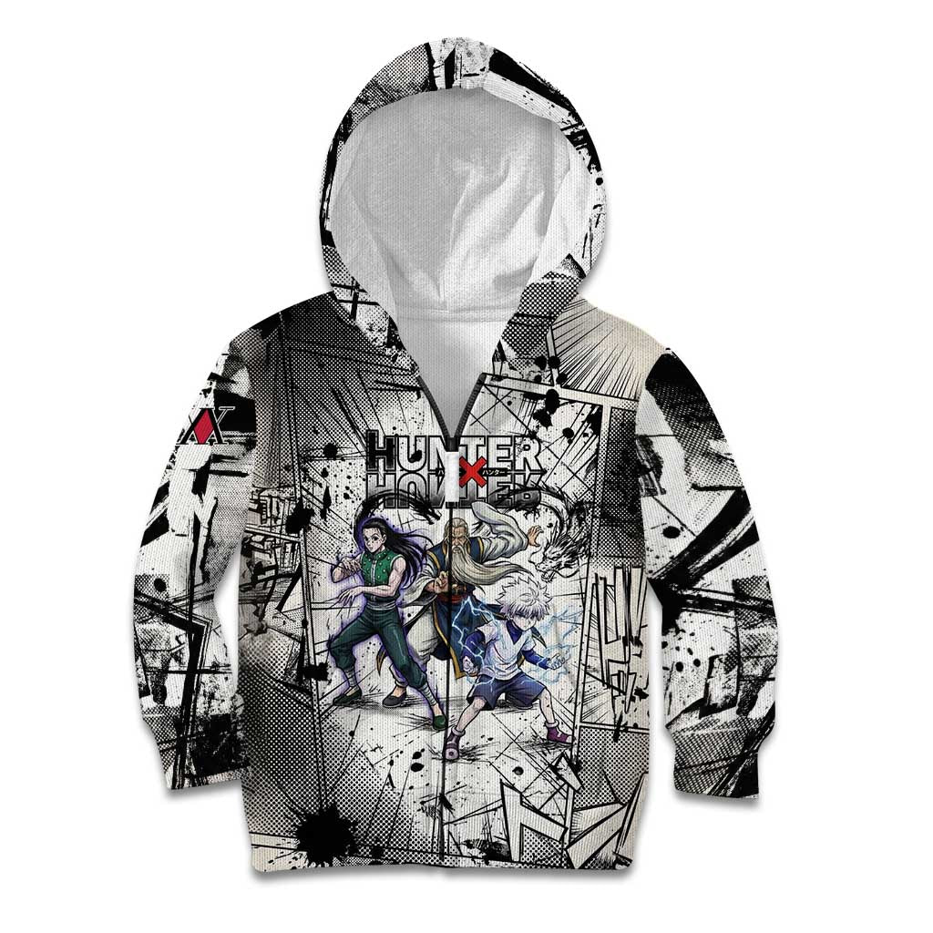 Killua Silva Illumi Team Design Kid Hoodie with Monochrome Graffiti Background and Hunter Association Symbols - The Mazicc