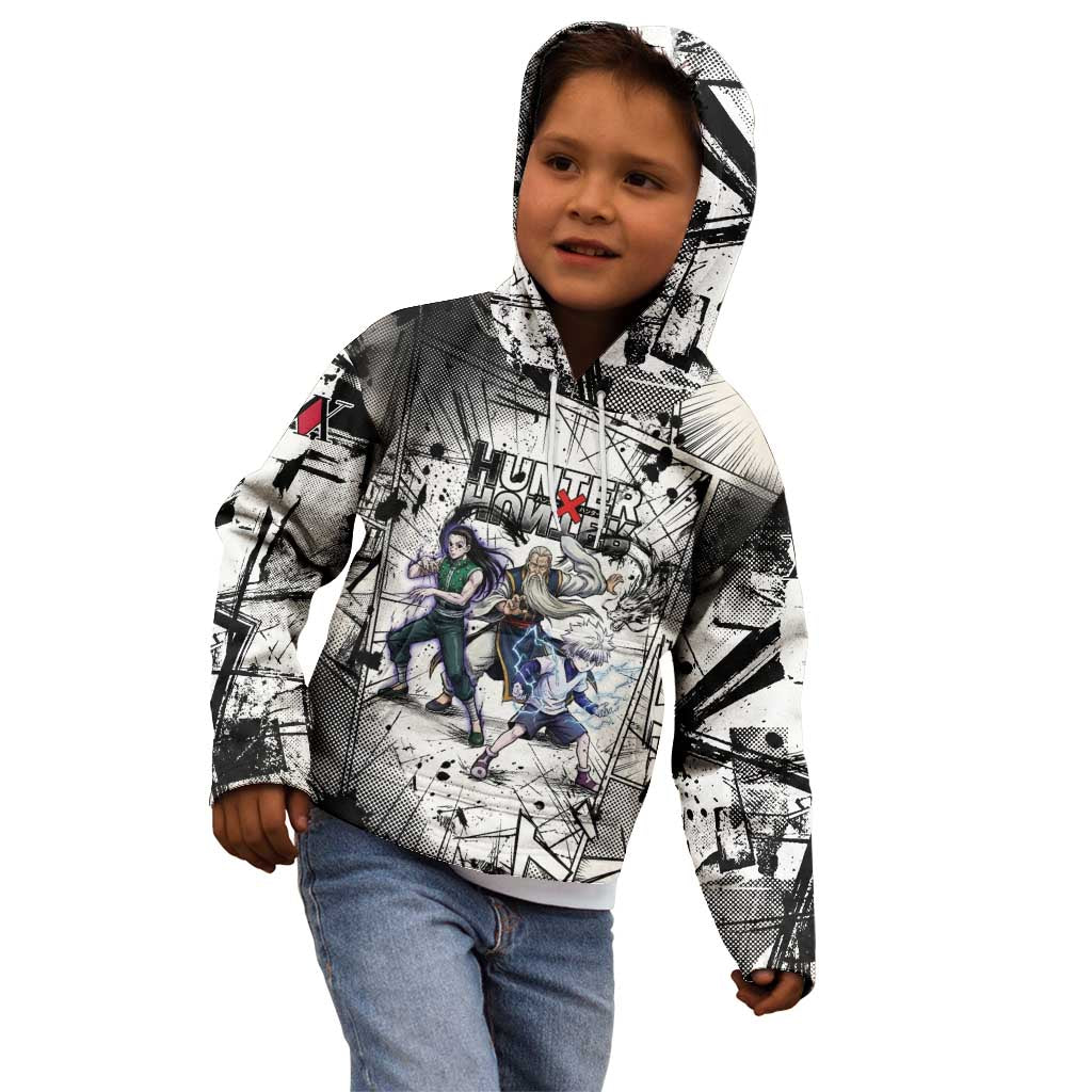 Killua Silva Illumi Team Design Kid Hoodie with Monochrome Graffiti Background and Hunter Association Symbols - The Mazicc