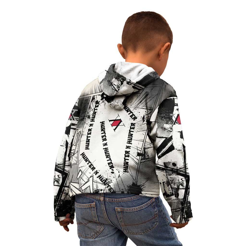 Killua Silva Illumi Team Design Kid Hoodie with Monochrome Graffiti Background and Hunter Association Symbols - The Mazicc