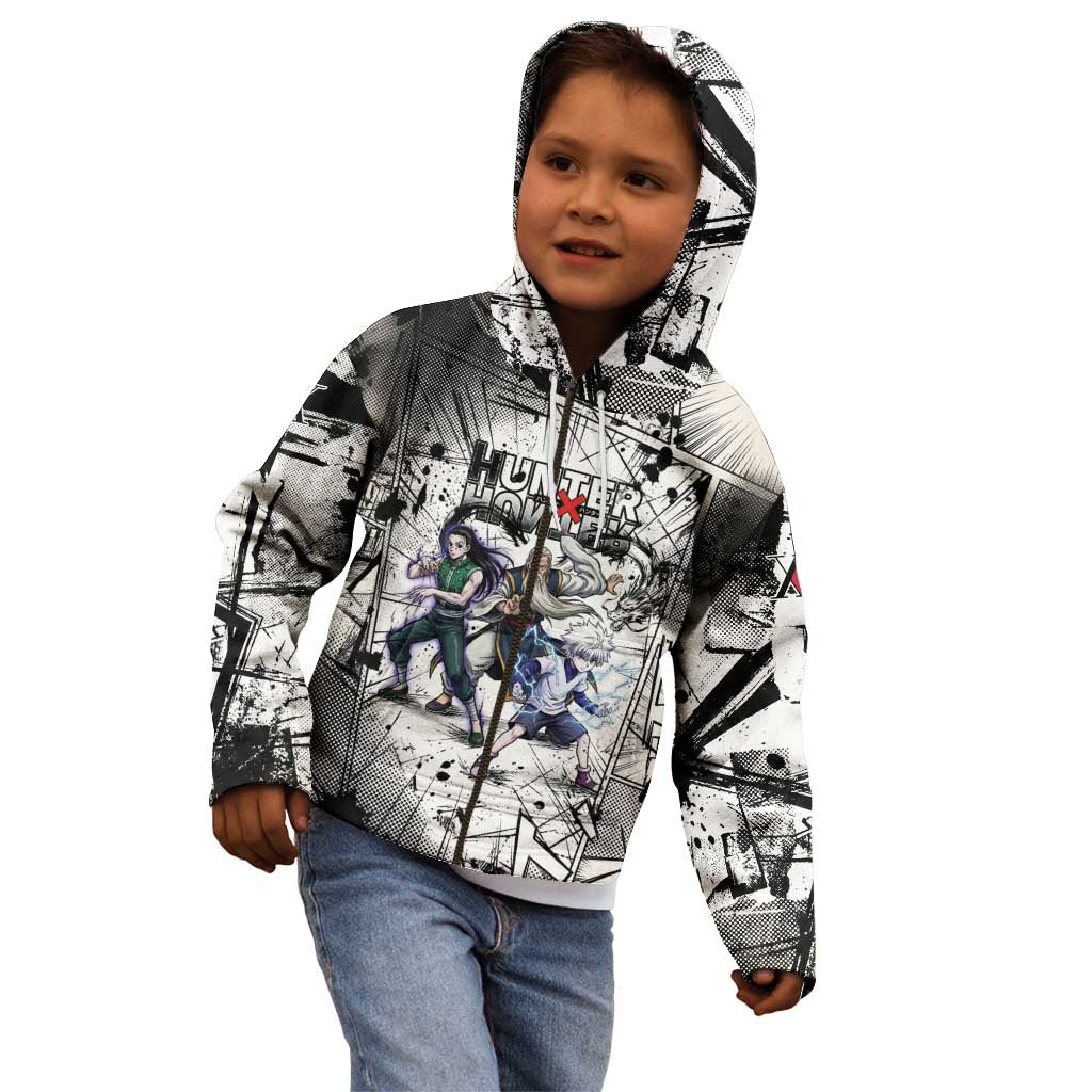 Killua Silva Illumi Team Design Kid Hoodie with Monochrome Graffiti Background and Hunter Association Symbols - The Mazicc
