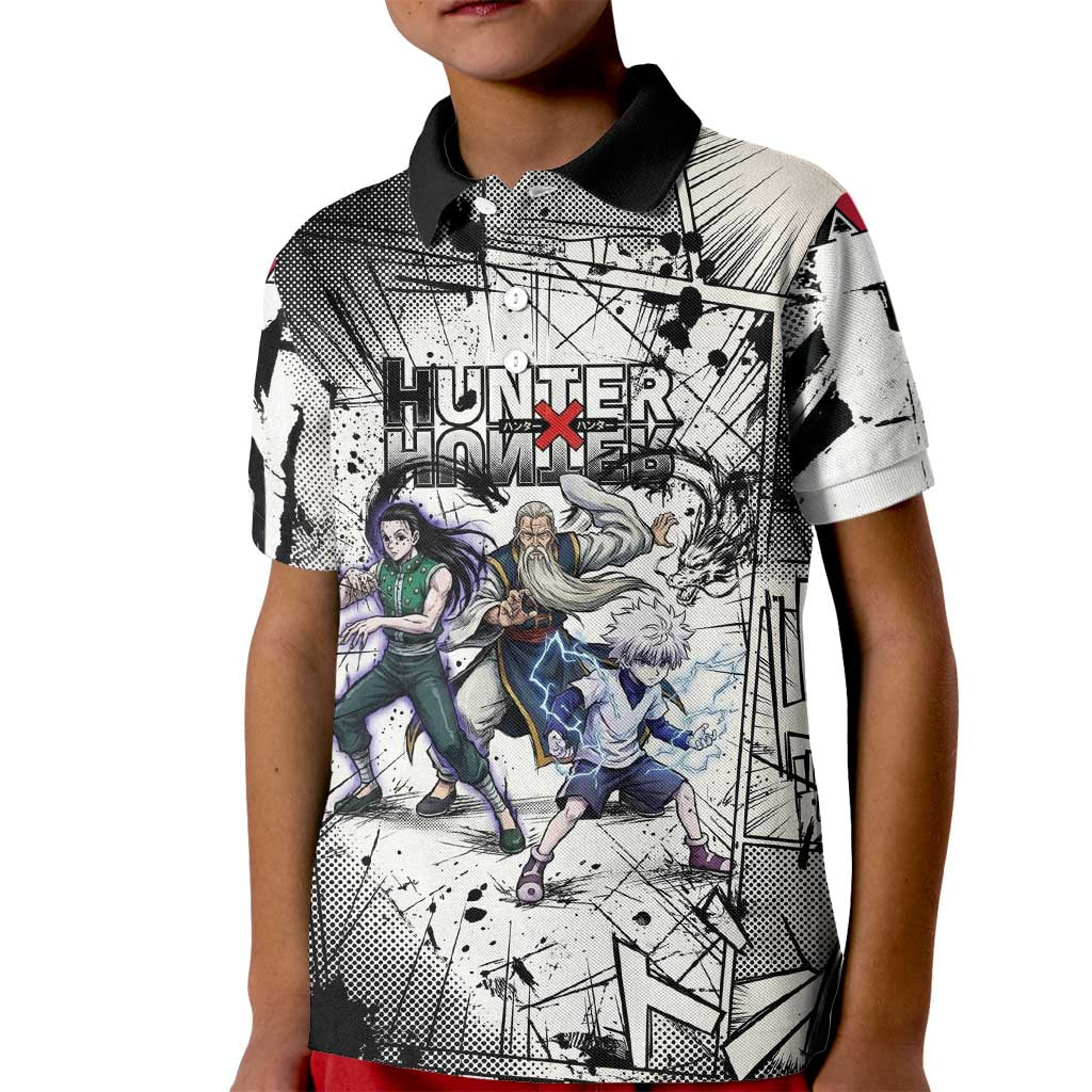 Killua Silva Illumi Team Design Kid Polo Shirt with Monochrome Graffiti Background and Hunter Association Symbols - The Mazicc