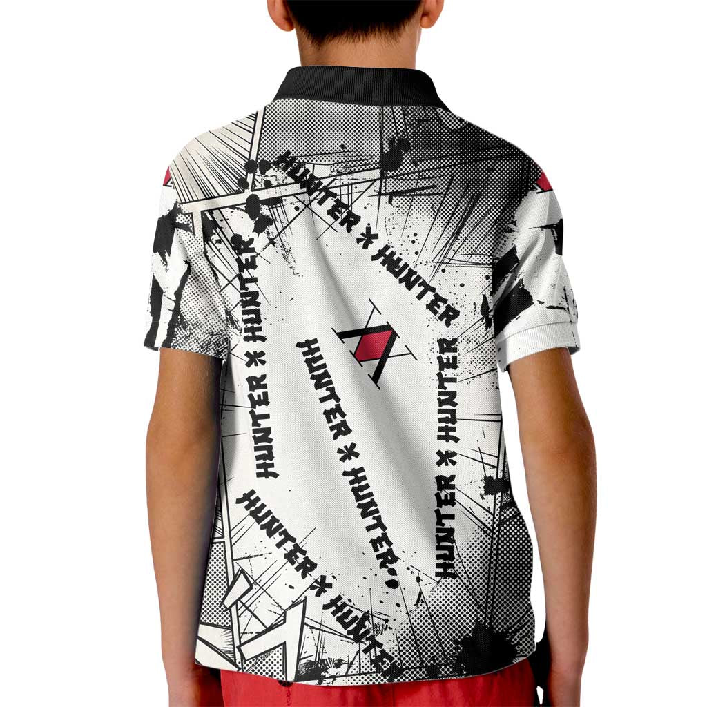 Killua Silva Illumi Team Design Kid Polo Shirt with Monochrome Graffiti Background and Hunter Association Symbols - The Mazicc
