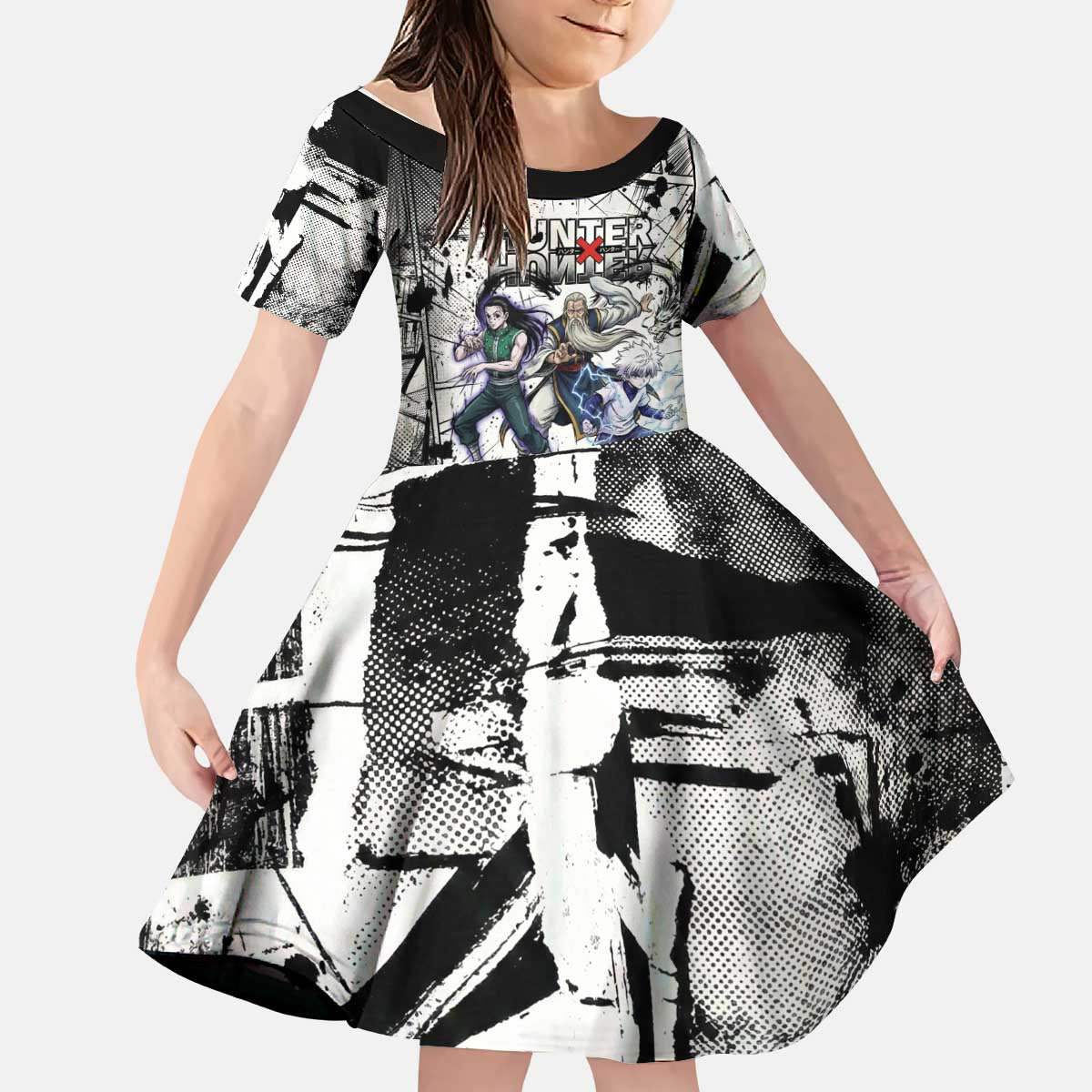 Killua Silva Illumi Team Design Kid Short Sleeve Dress with Monochrome Graffiti Background and Hunter Association Symbols - The Mazicc
