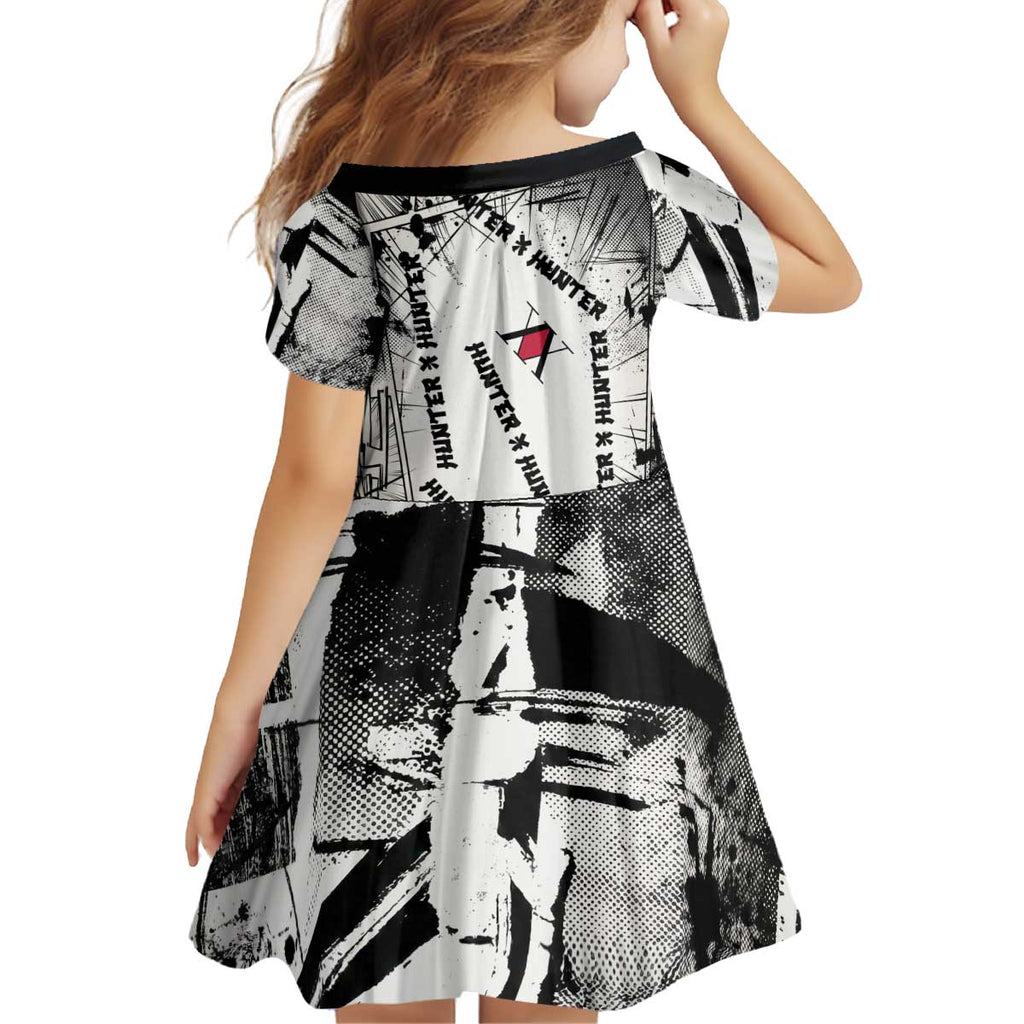 Killua Silva Illumi Team Design Kid Short Sleeve Dress with Monochrome Graffiti Background and Hunter Association Symbols - The Mazicc