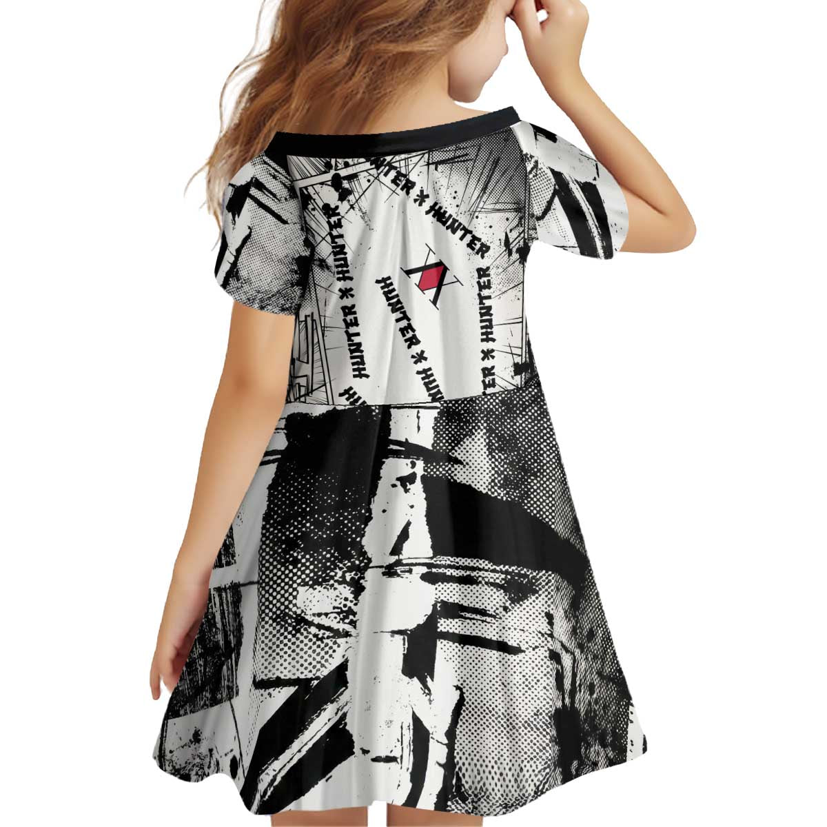 Killua Silva Illumi Team Design Kid Short Sleeve Dress with Monochrome Graffiti Background and Hunter Association Symbols - The Mazicc