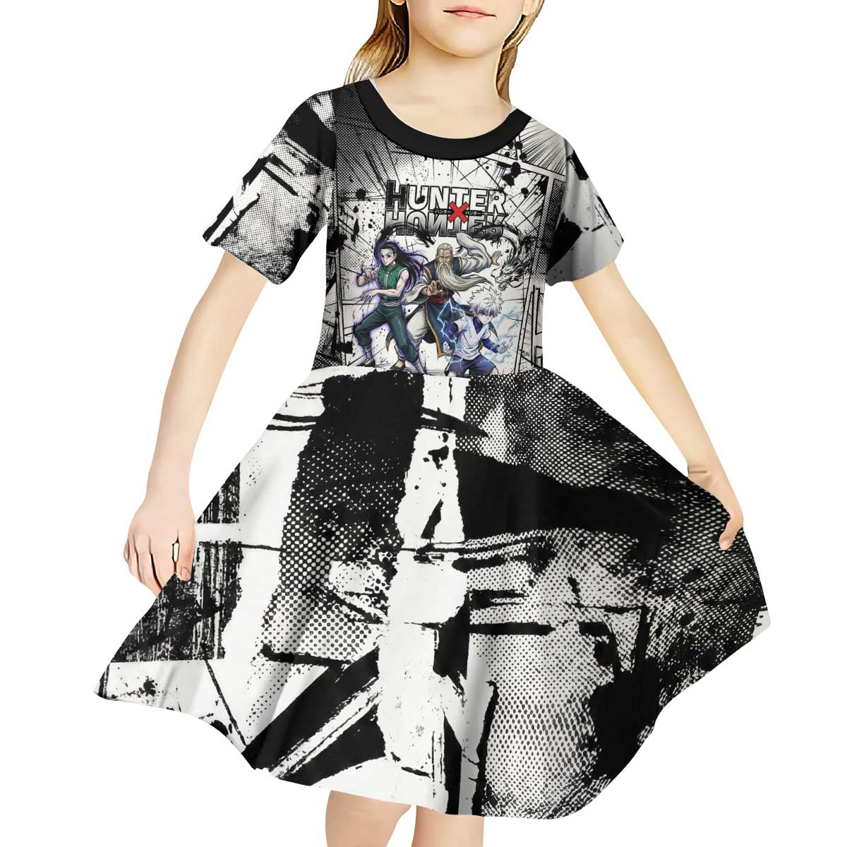 Killua Silva Illumi Team Design Kid Short Sleeve Dress with Monochrome Graffiti Background and Hunter Association Symbols - The Mazicc