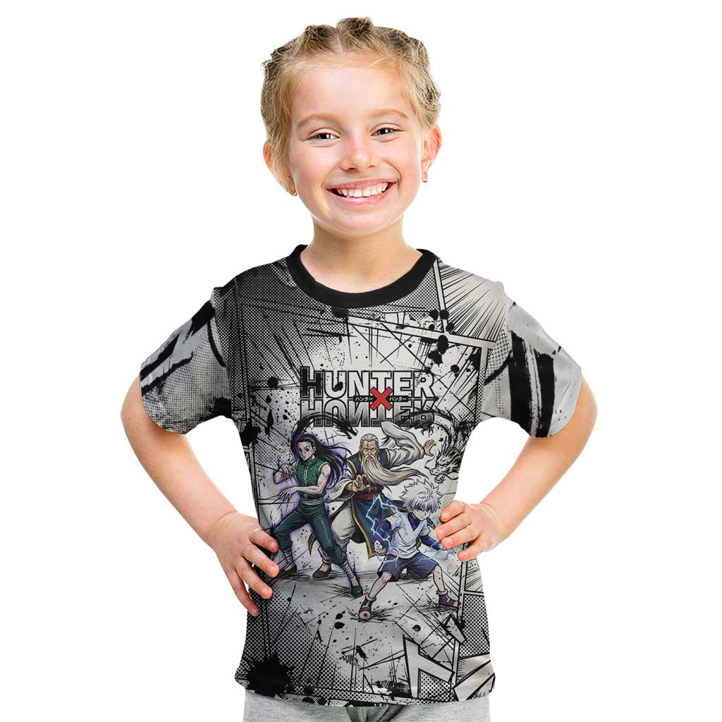 Killua Silva Illumi Team Design Kid T Shirt with Monochrome Graffiti Background and Hunter Association Symbols - The Mazicc