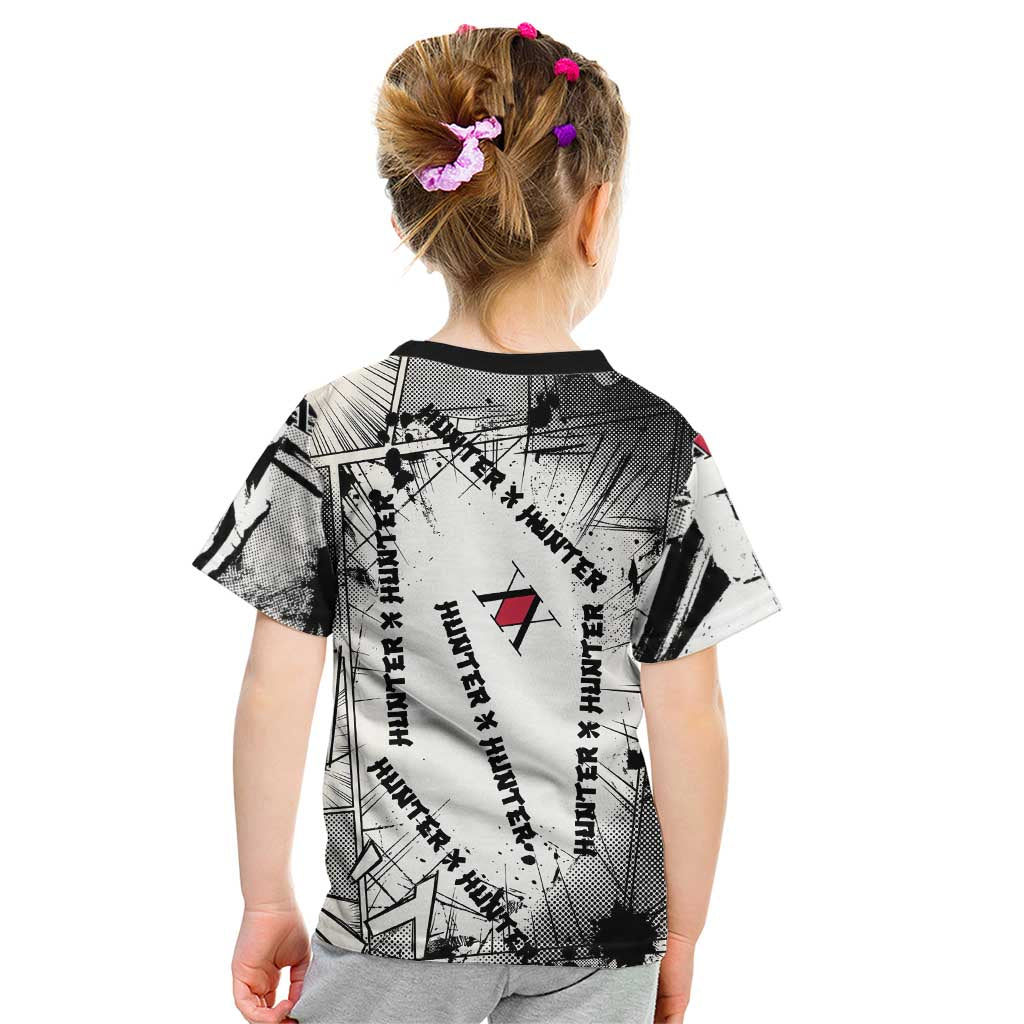 Killua Silva Illumi Team Design Kid T Shirt with Monochrome Graffiti Background and Hunter Association Symbols - The Mazicc