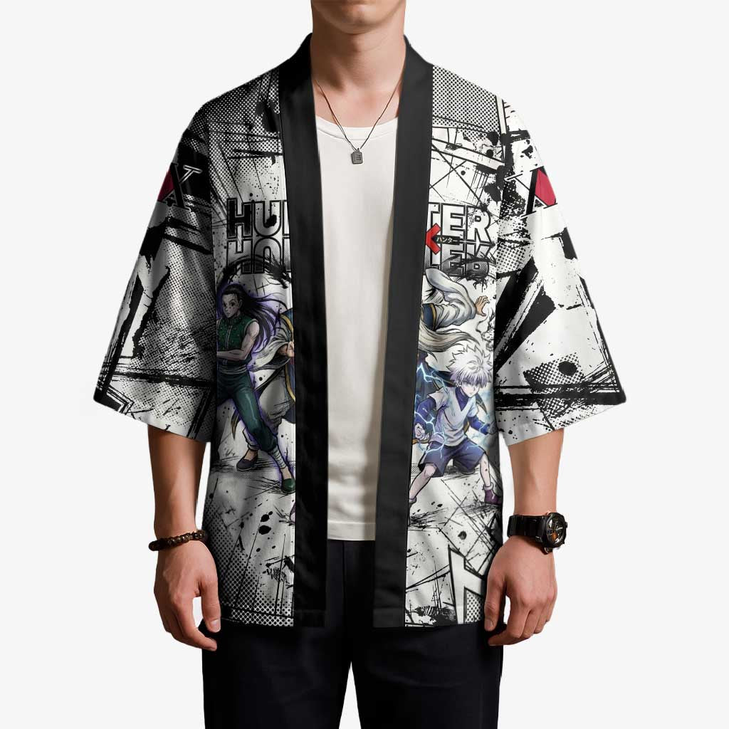Killua Silva Illumi Team Design Kimono with Monochrome Graffiti Background and Hunter Association Symbols - The Mazicc