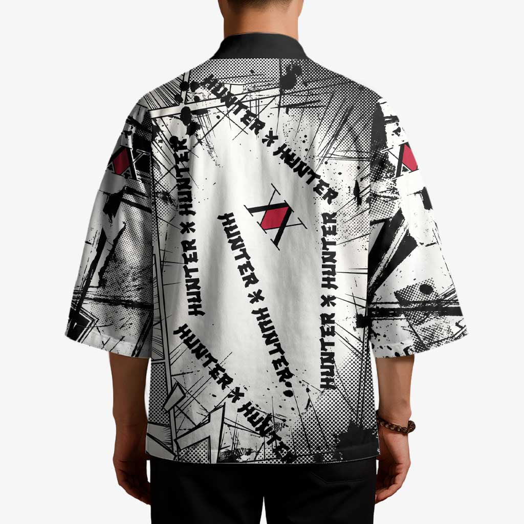 Killua Silva Illumi Team Design Kimono with Monochrome Graffiti Background and Hunter Association Symbols - The Mazicc