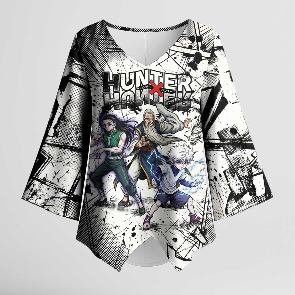 Killua Silva Illumi Team Design Kimono Sleeve Blouse with Monochrome Graffiti Background and Hunter Association Symbols - The Mazicc