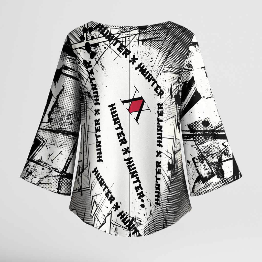 Killua Silva Illumi Team Design Kimono Sleeve Blouse with Monochrome Graffiti Background and Hunter Association Symbols - The Mazicc