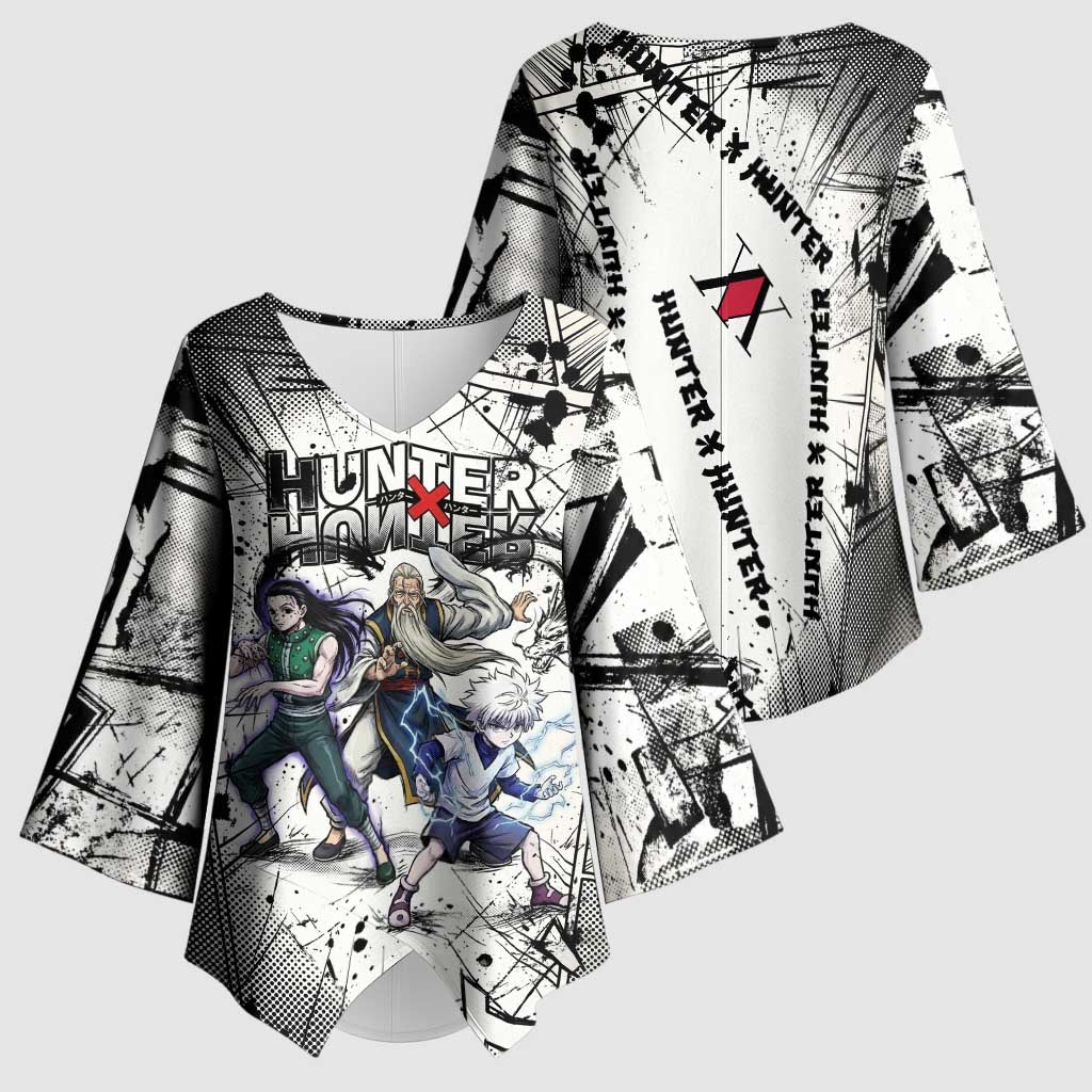 Killua Silva Illumi Team Design Kimono Sleeve Blouse with Monochrome Graffiti Background and Hunter Association Symbols - The Mazicc