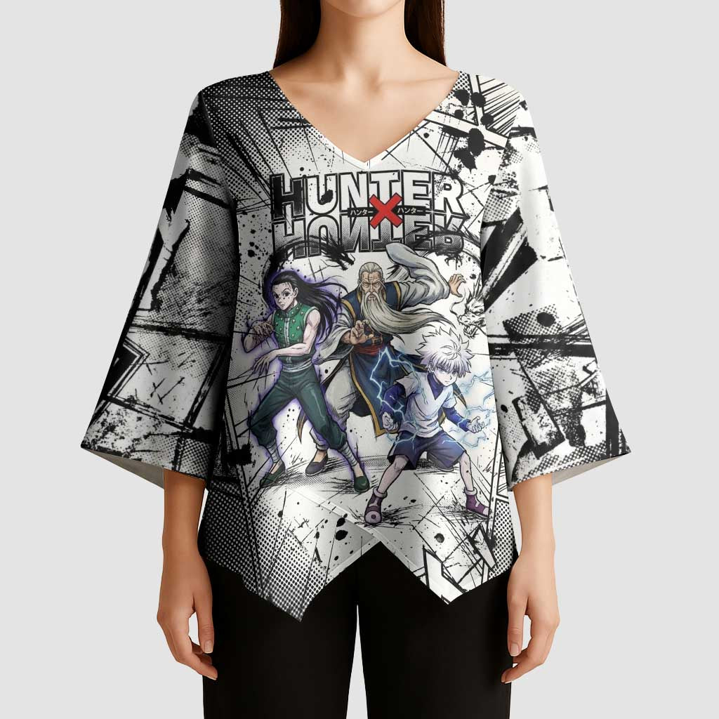 Killua Silva Illumi Team Design Kimono Sleeve Blouse with Monochrome Graffiti Background and Hunter Association Symbols - The Mazicc