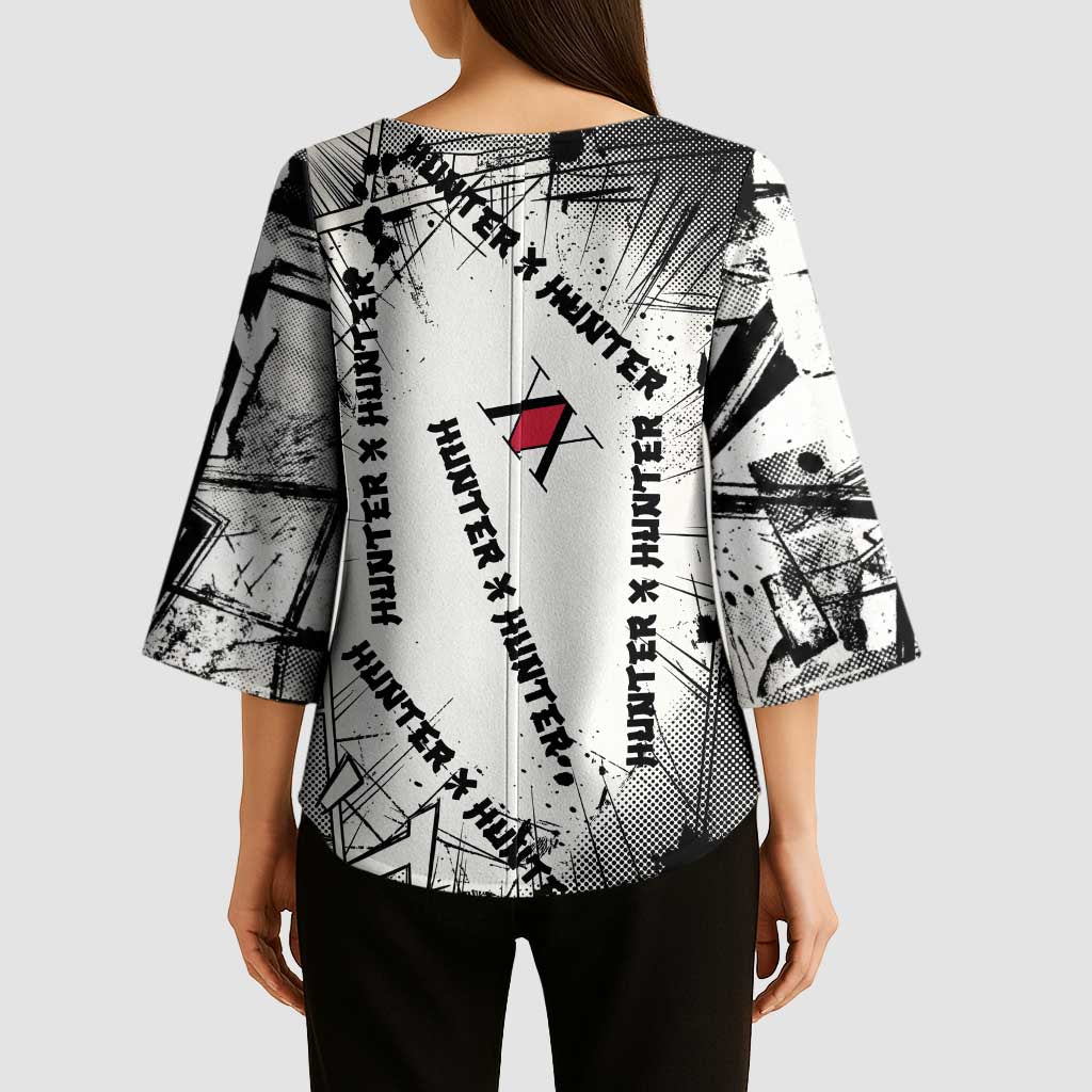 Killua Silva Illumi Team Design Kimono Sleeve Blouse with Monochrome Graffiti Background and Hunter Association Symbols - The Mazicc