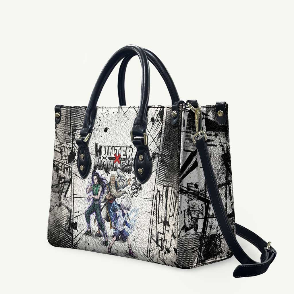 Killua Silva Illumi Team Design Leather Bag with Monochrome Graffiti Background and Hunter Association Symbols - The Mazicc