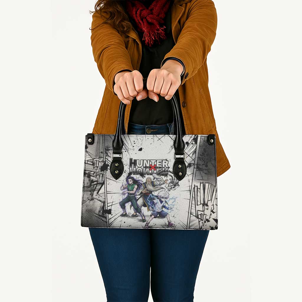 Killua Silva Illumi Team Design Leather Bag with Monochrome Graffiti Background and Hunter Association Symbols - The Mazicc