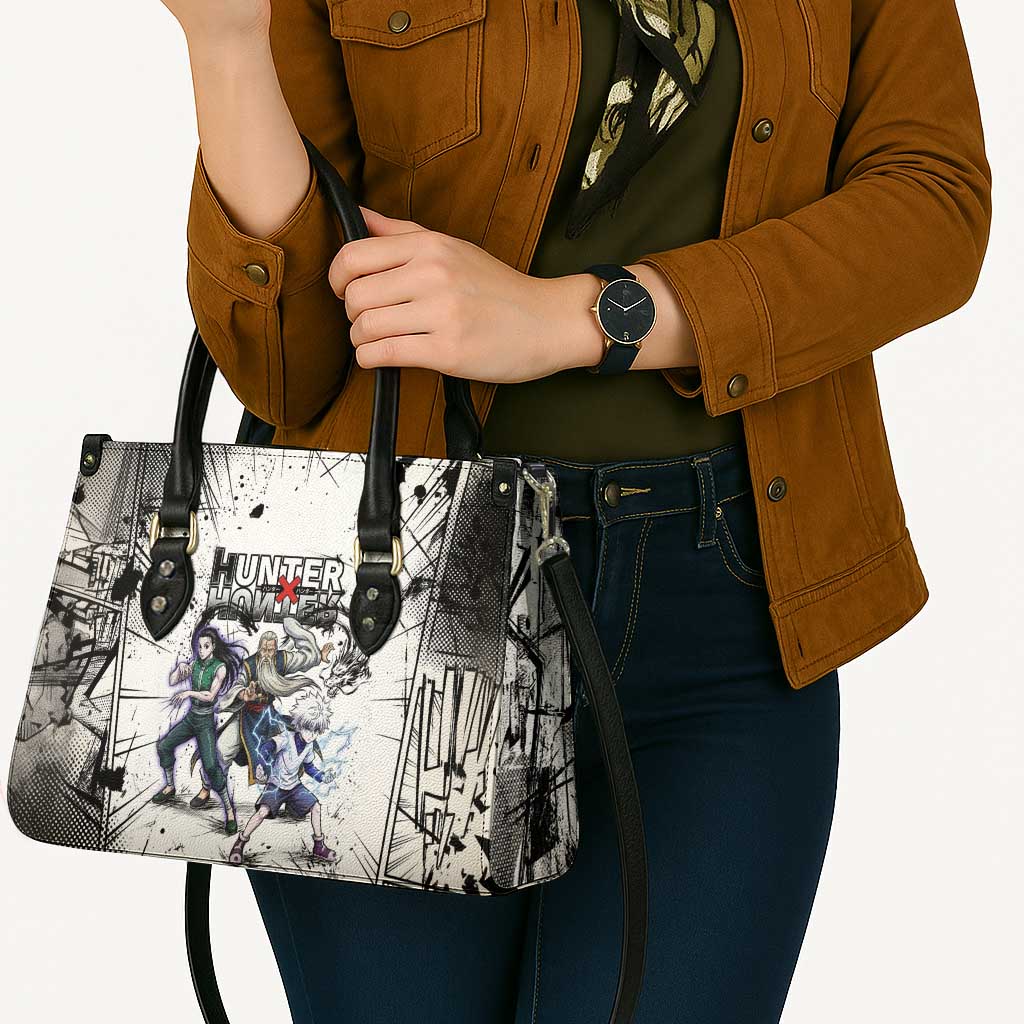 Killua Silva Illumi Team Design Leather Bag with Monochrome Graffiti Background and Hunter Association Symbols - The Mazicc