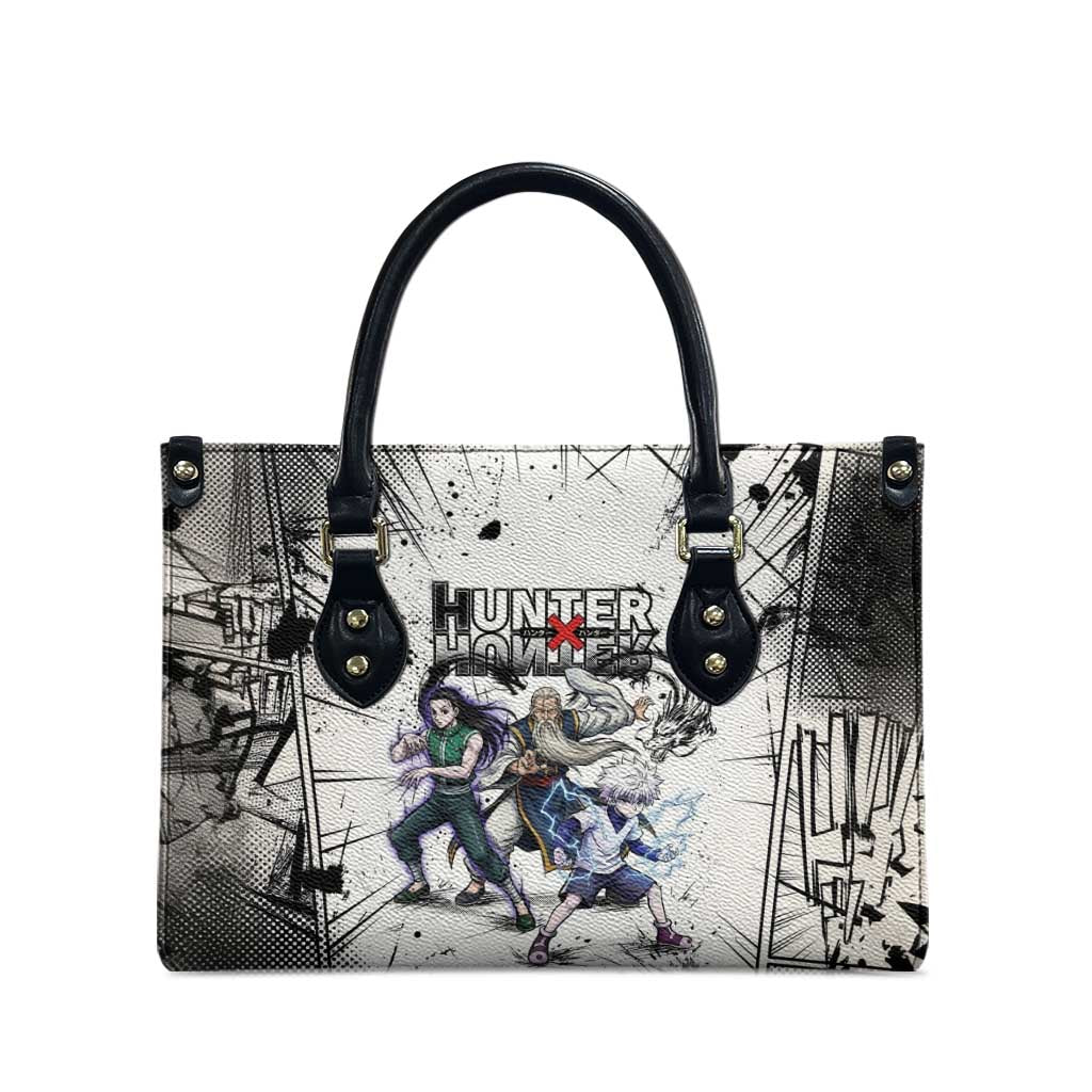 Killua Silva Illumi Team Design Leather Bag with Monochrome Graffiti Background and Hunter Association Symbols - The Mazicc