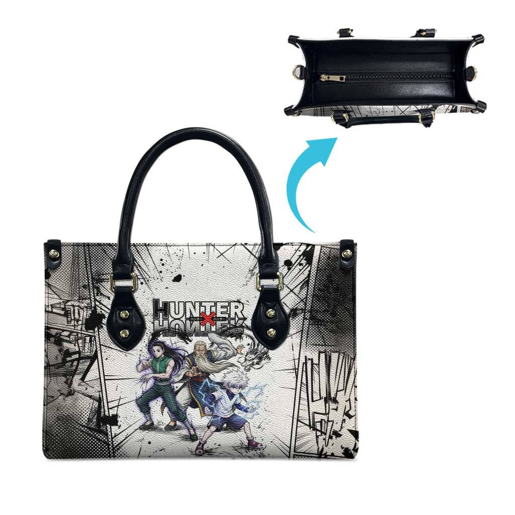 Killua Silva Illumi Team Design Leather Bag with Monochrome Graffiti Background and Hunter Association Symbols - The Mazicc