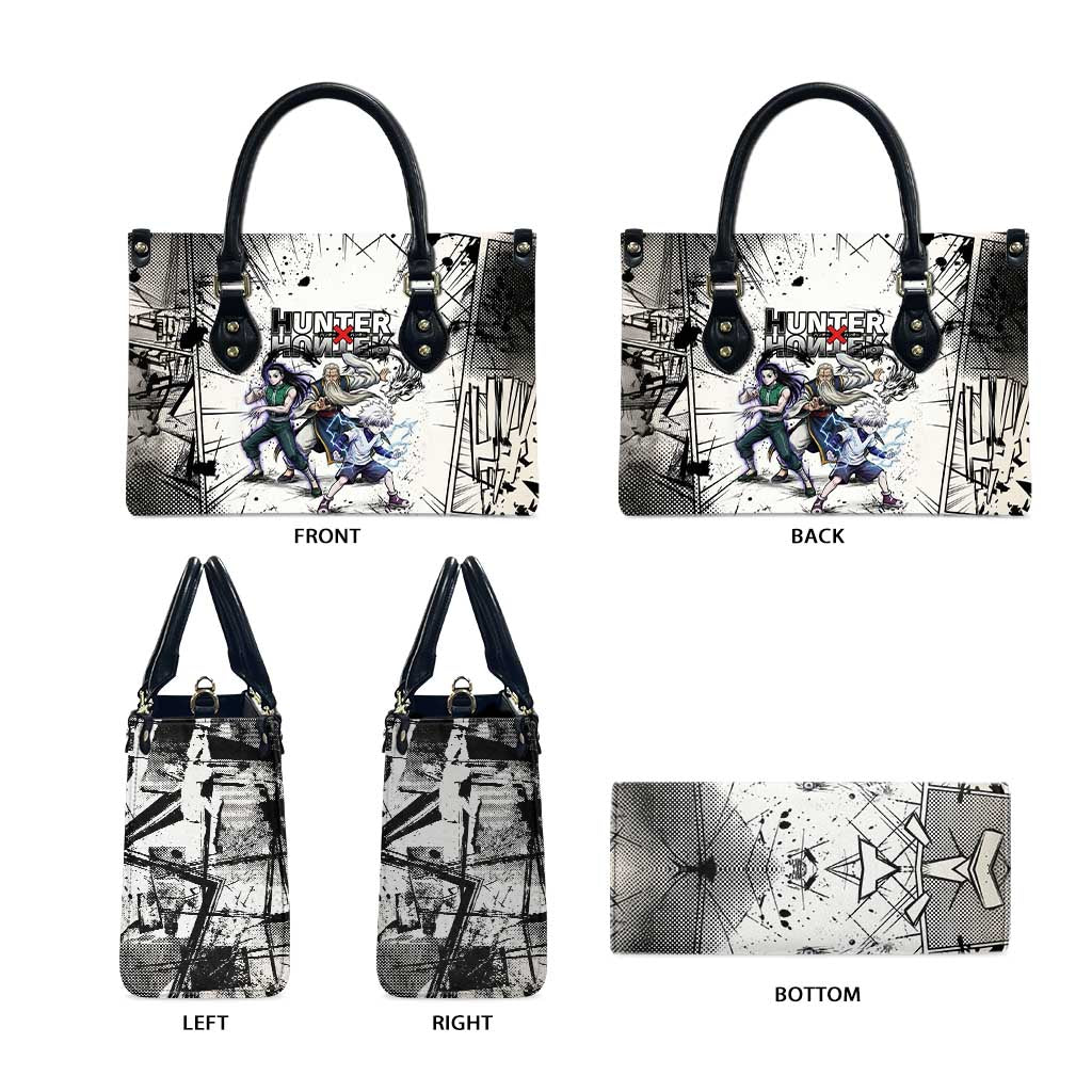Killua Silva Illumi Team Design Leather Bag with Monochrome Graffiti Background and Hunter Association Symbols - The Mazicc