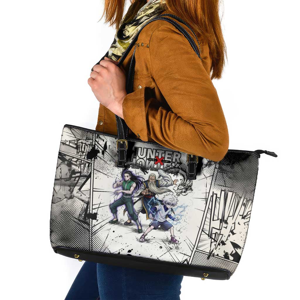 Killua Silva Illumi Team Design Leather Tote Bag with Monochrome Graffiti Background and Hunter Association Symbols - The Mazicc