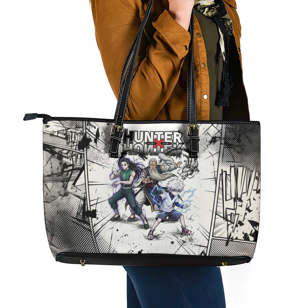 Killua Silva Illumi Team Design Leather Tote Bag with Monochrome Graffiti Background and Hunter Association Symbols - The Mazicc