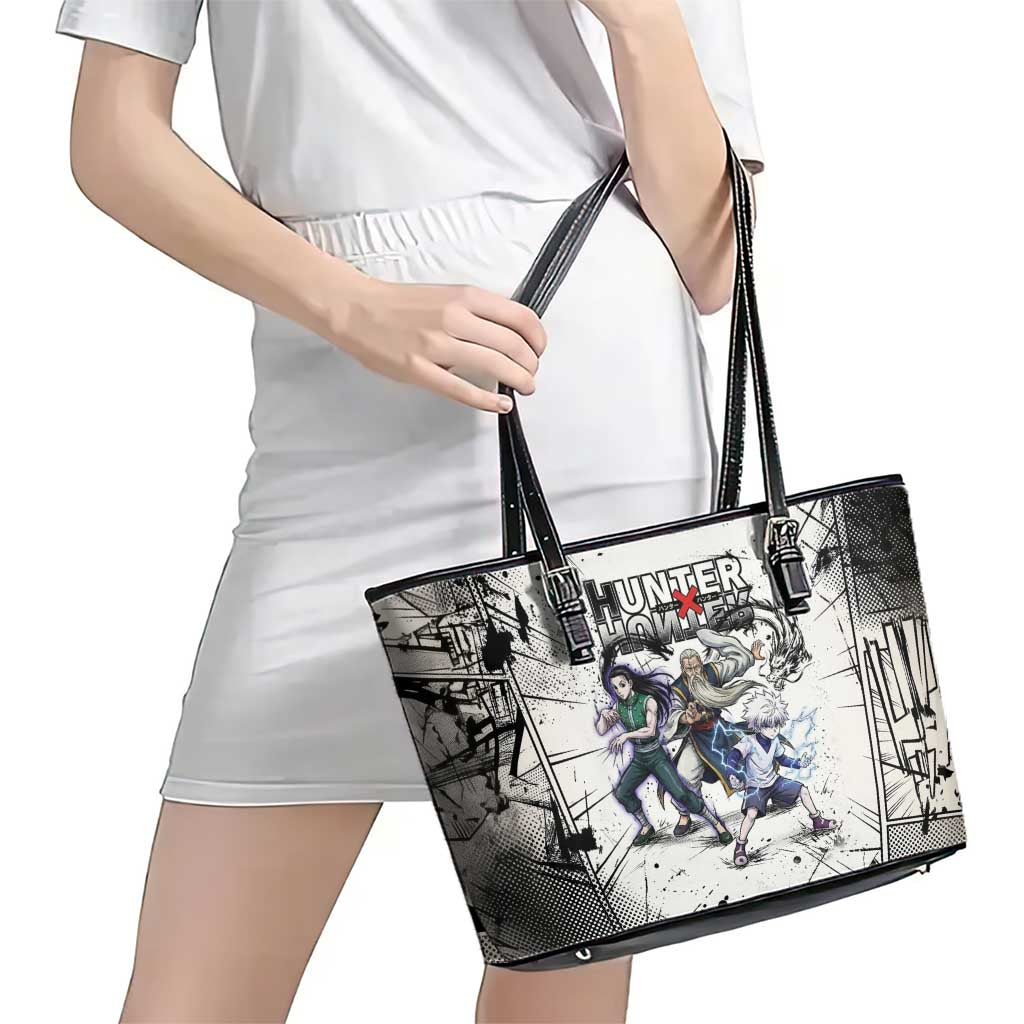 Killua Silva Illumi Team Design Leather Tote Bag with Monochrome Graffiti Background and Hunter Association Symbols - The Mazicc