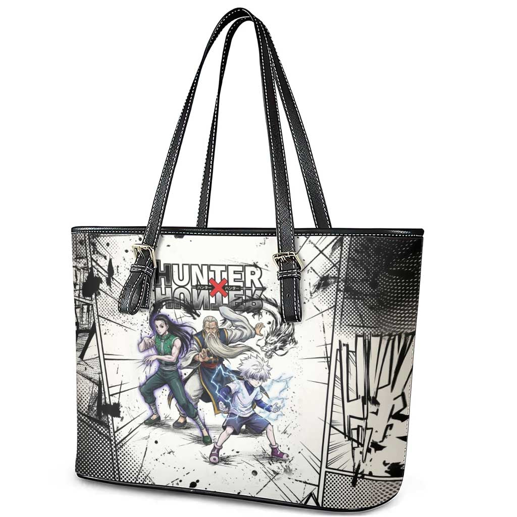 Killua Silva Illumi Team Design Leather Tote Bag with Monochrome Graffiti Background and Hunter Association Symbols - The Mazicc