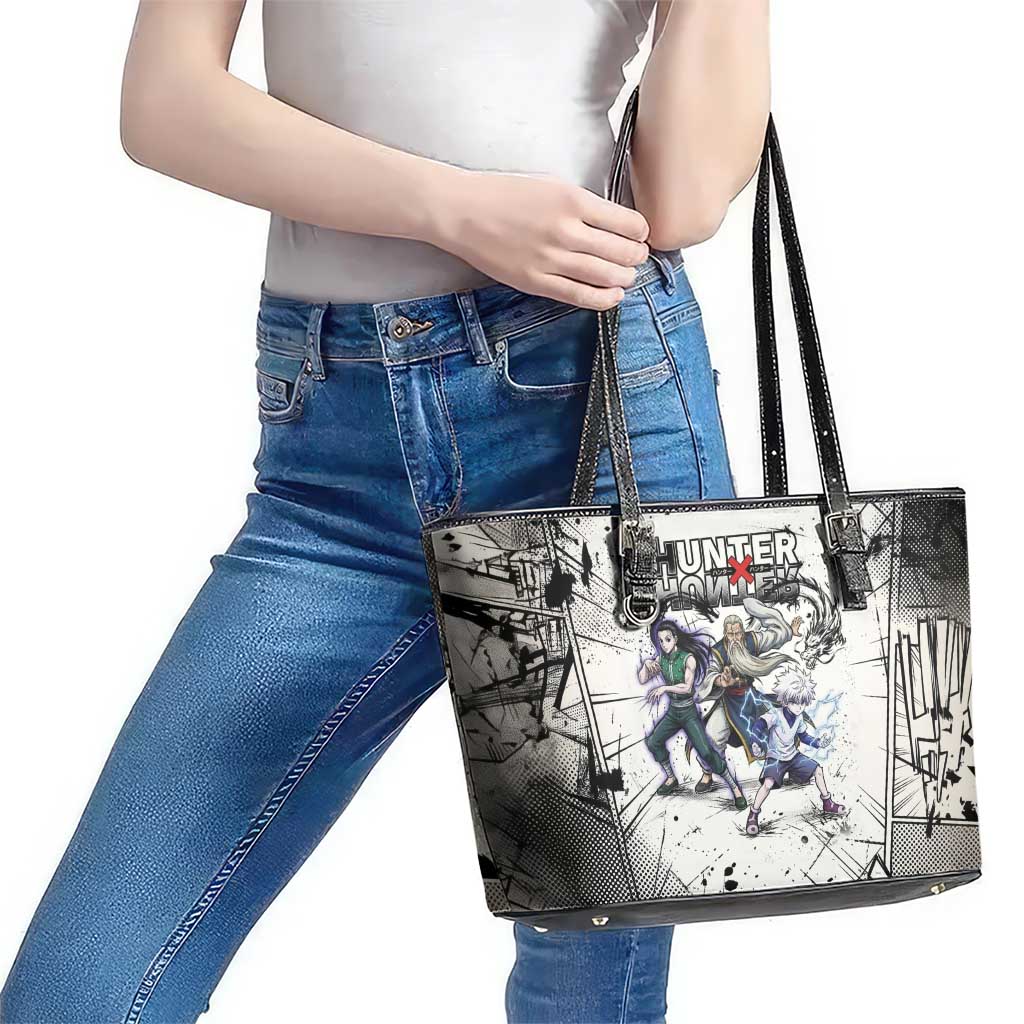 Killua Silva Illumi Team Design Leather Tote Bag with Monochrome Graffiti Background and Hunter Association Symbols - The Mazicc