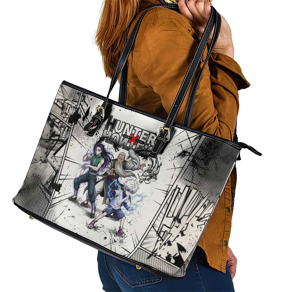 Killua Silva Illumi Team Design Leather Tote Bag with Monochrome Graffiti Background and Hunter Association Symbols - The Mazicc