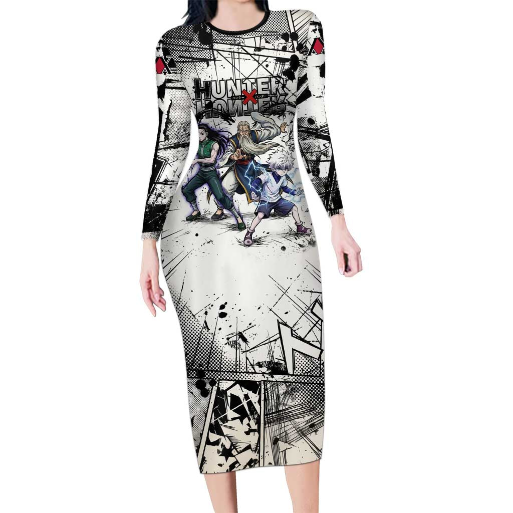 Killua Silva Illumi Team Design Long Sleeve Bodycon Dress with Monochrome Graffiti Background and Hunter Association Symbols - The Mazicc