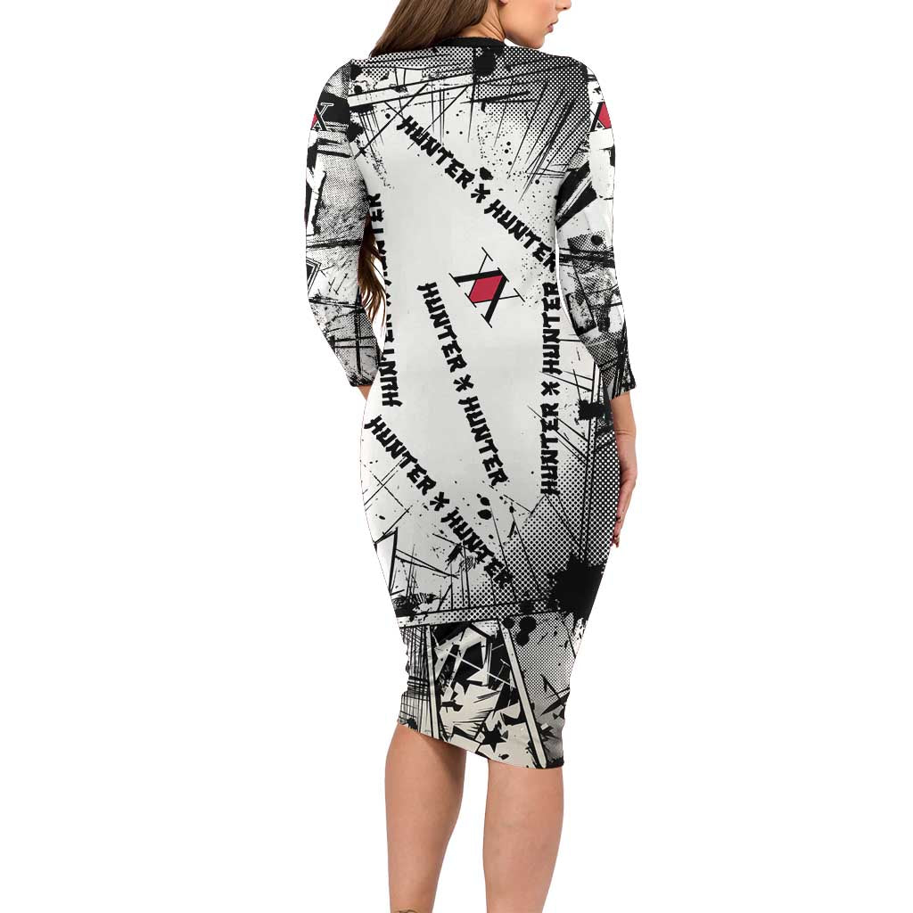 Killua Silva Illumi Team Design Long Sleeve Bodycon Dress with Monochrome Graffiti Background and Hunter Association Symbols - The Mazicc