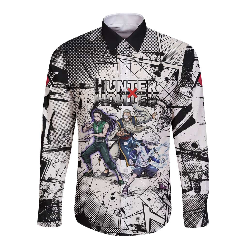 Killua Silva Illumi Team Design Long Sleeve Button Shirt with Monochrome Graffiti Background and Hunter Association Symbols - The Mazicc