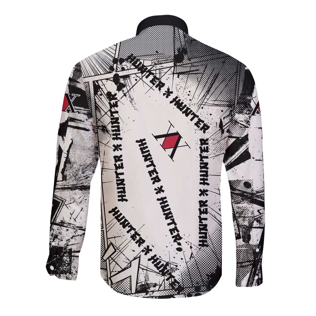 Killua Silva Illumi Team Design Long Sleeve Button Shirt with Monochrome Graffiti Background and Hunter Association Symbols - The Mazicc