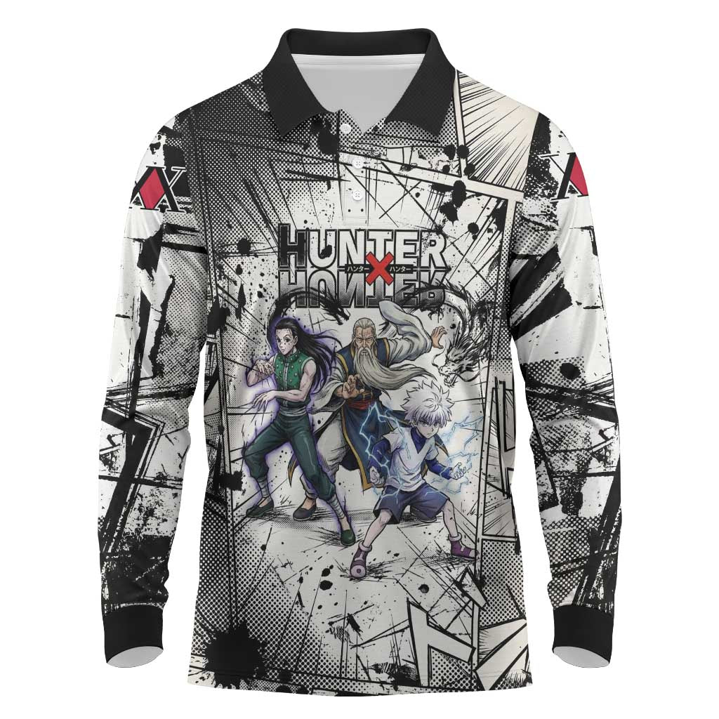 Killua Silva Illumi Team Design Long Sleeve Polo Shirt with Monochrome Graffiti Background and Hunter Association Symbols - The Mazicc