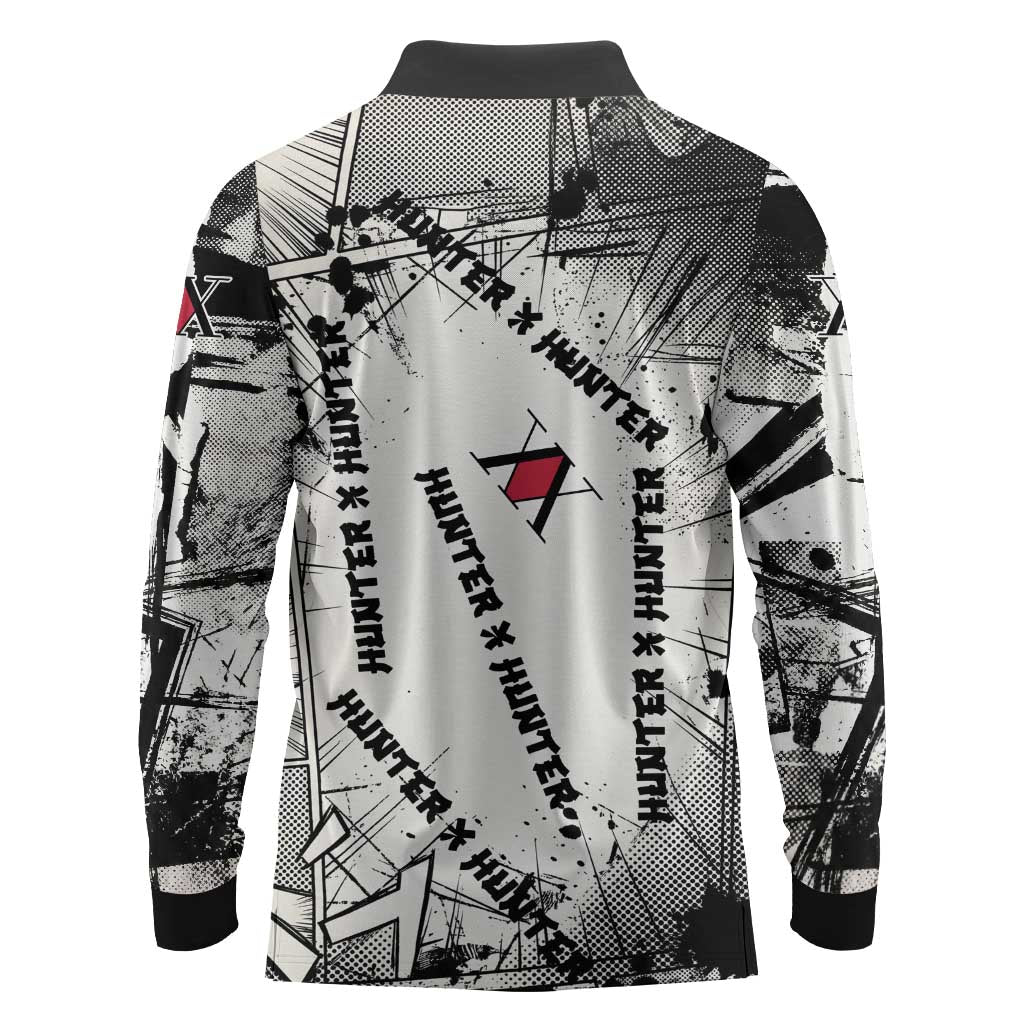 Killua Silva Illumi Team Design Long Sleeve Polo Shirt with Monochrome Graffiti Background and Hunter Association Symbols - The Mazicc