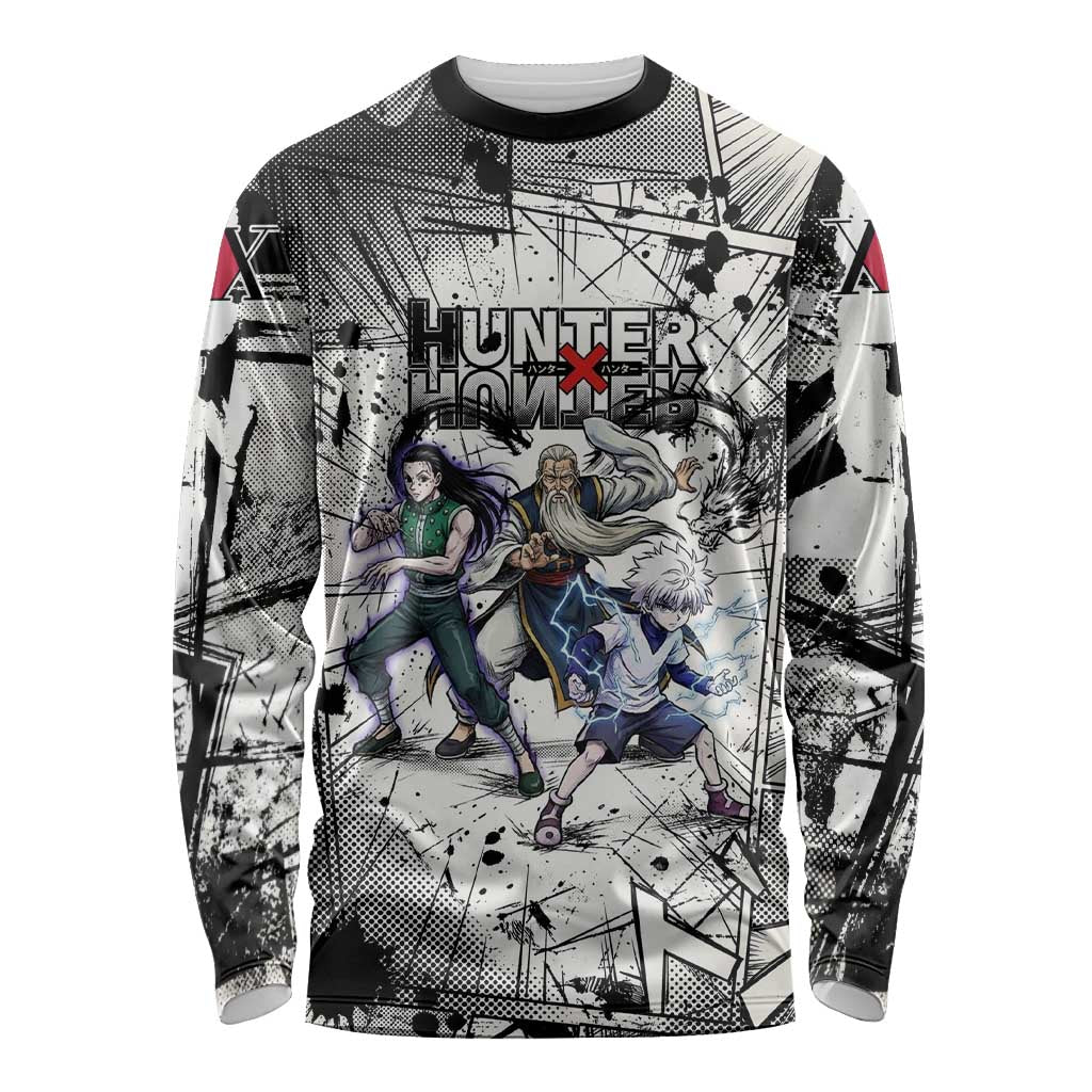 Killua Silva Illumi Team Design Long Sleeve Shirt with Monochrome Graffiti Background and Hunter Association Symbols - The Mazicc
