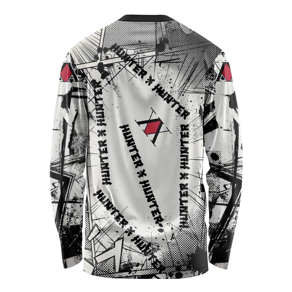 Killua Silva Illumi Team Design Long Sleeve Shirt with Monochrome Graffiti Background and Hunter Association Symbols - The Mazicc