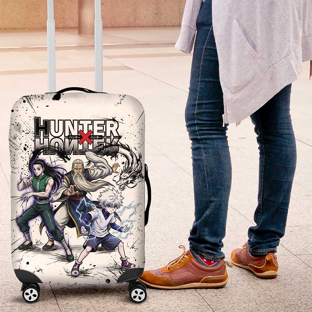 Killua Silva Illumi Team Design Luggage Cover with Monochrome Graffiti Background and Hunter Association Symbols - The Mazicc