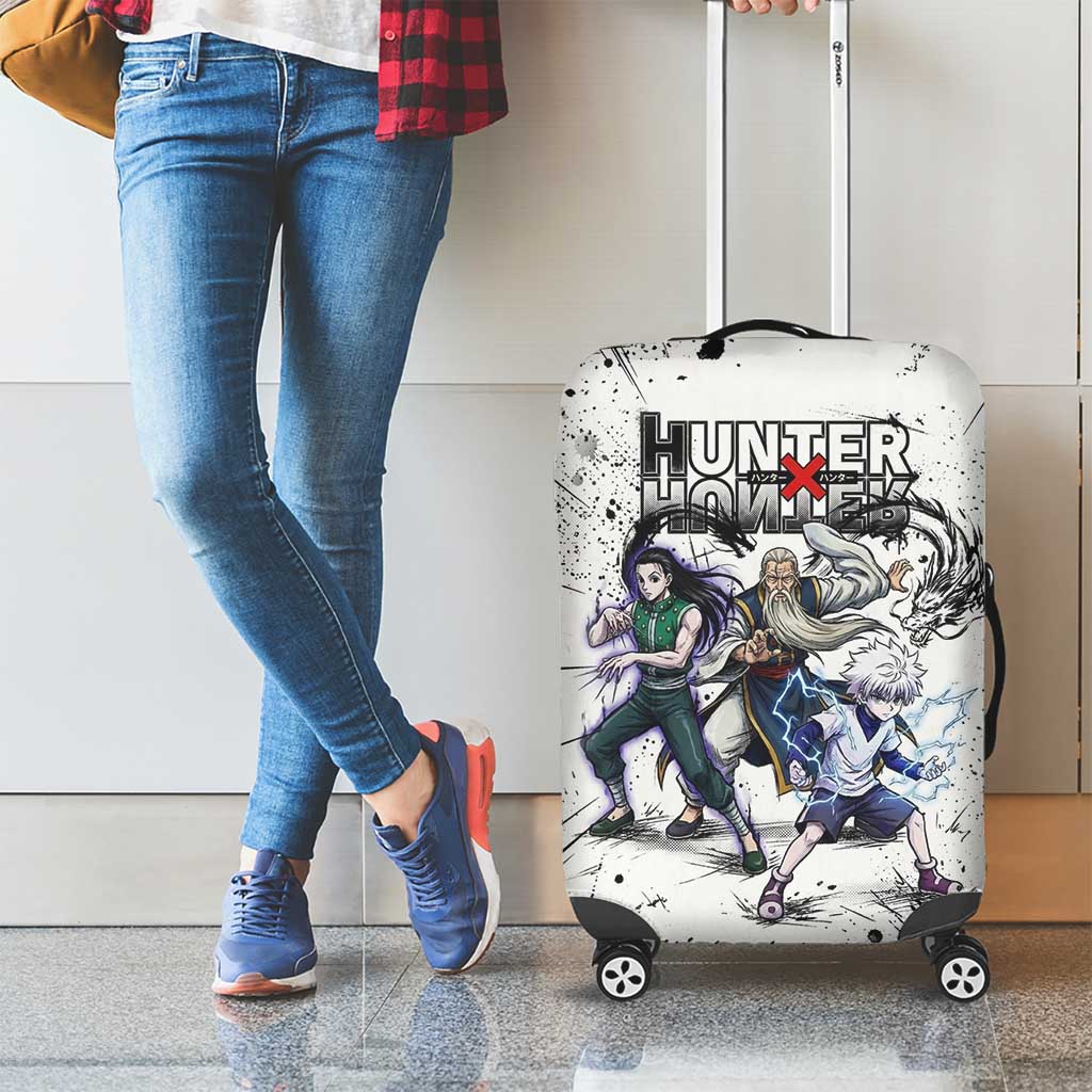 Killua Silva Illumi Team Design Luggage Cover with Monochrome Graffiti Background and Hunter Association Symbols - The Mazicc