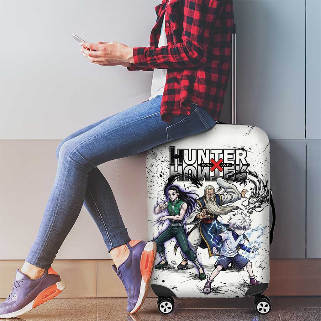Killua Silva Illumi Team Design Luggage Cover with Monochrome Graffiti Background and Hunter Association Symbols - The Mazicc