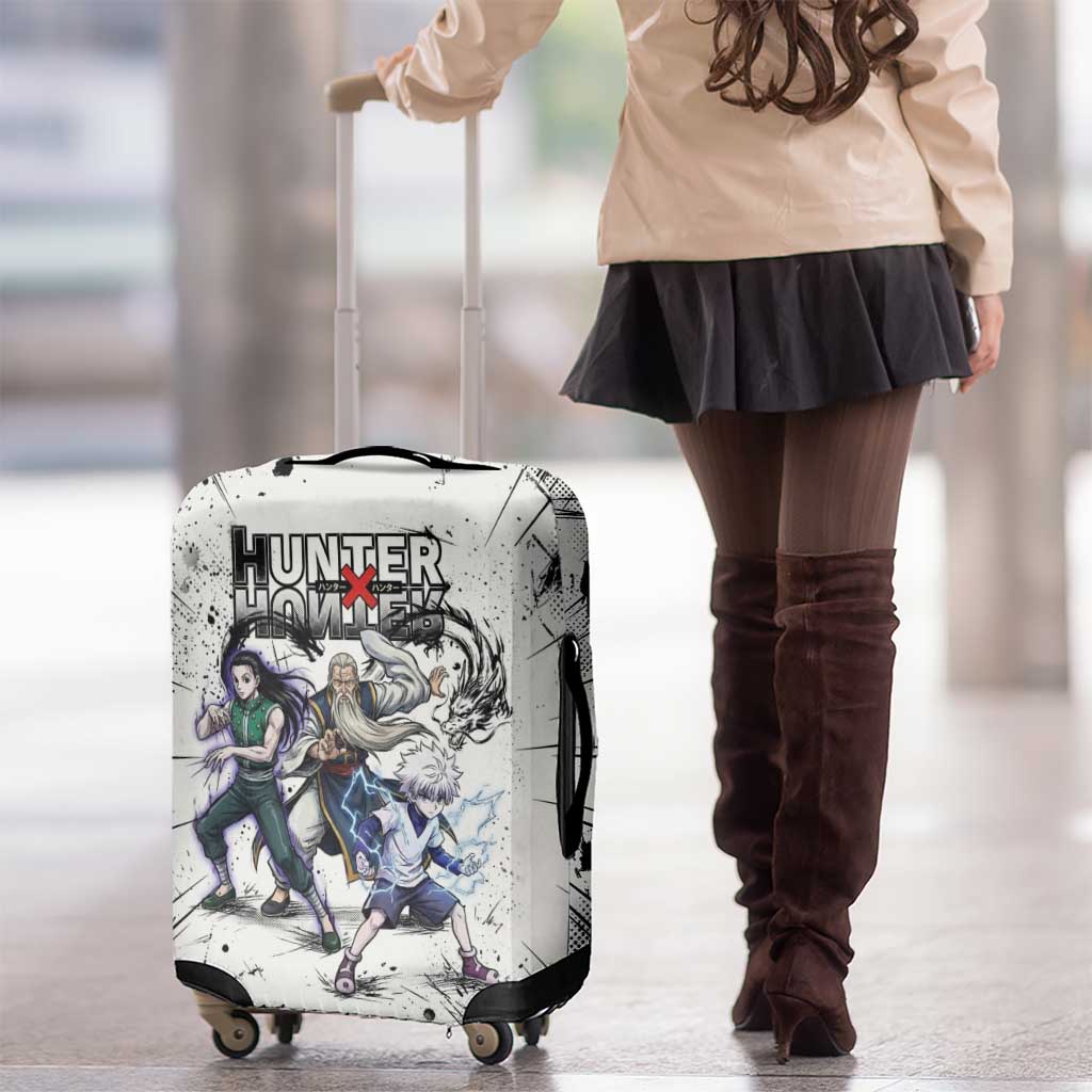 Killua Silva Illumi Team Design Luggage Cover with Monochrome Graffiti Background and Hunter Association Symbols - The Mazicc