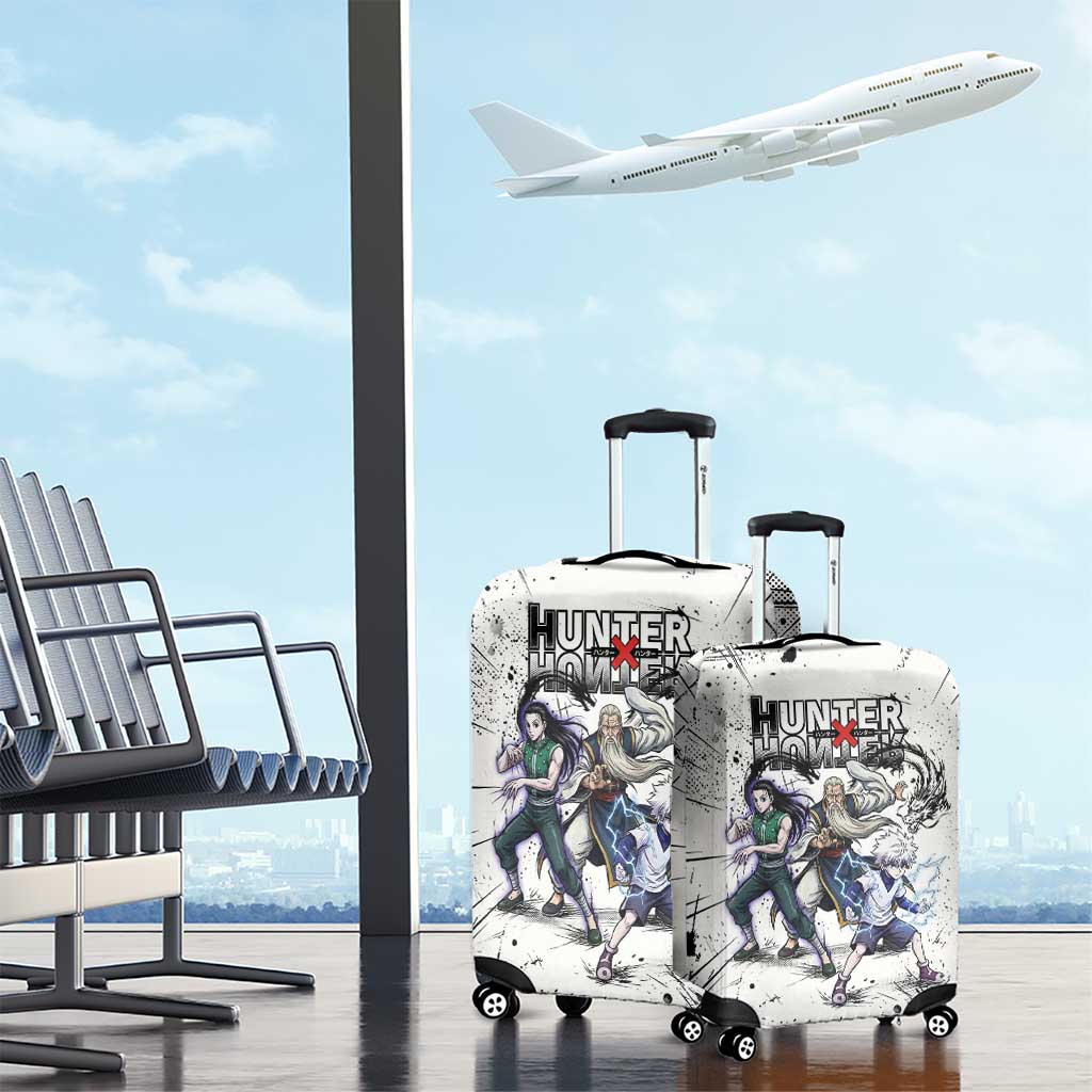 Killua Silva Illumi Team Design Luggage Cover with Monochrome Graffiti Background and Hunter Association Symbols - The Mazicc
