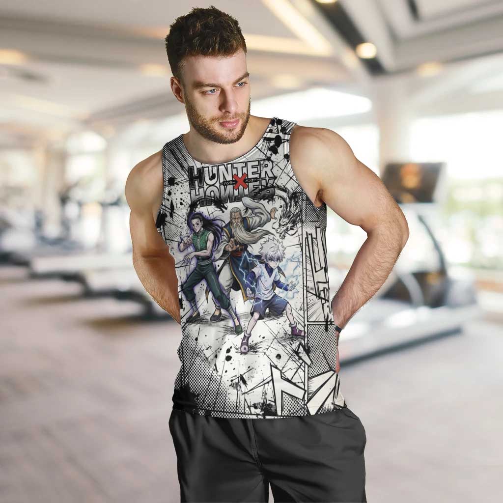 Killua Silva Illumi Team Design Men Tank Top with Monochrome Graffiti Background and Hunter Association Symbols - The Mazicc
