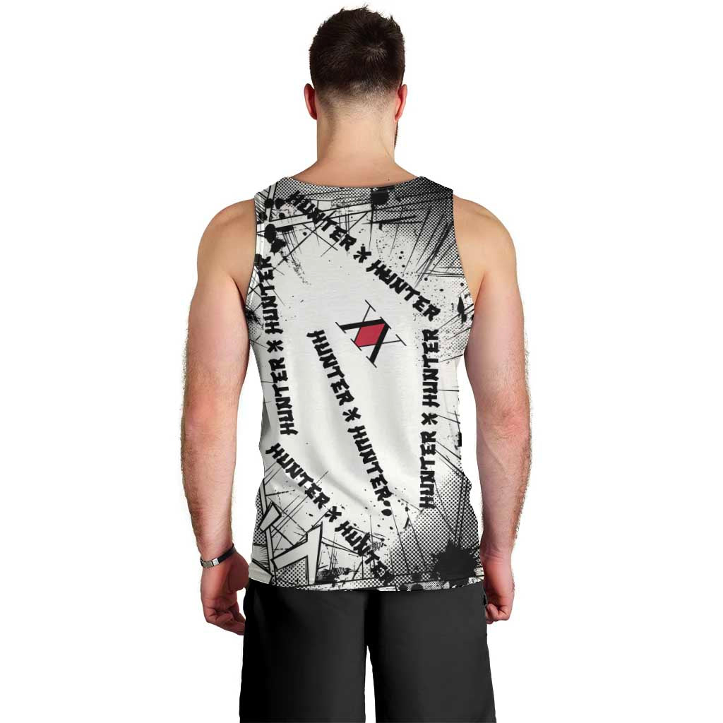 Killua Silva Illumi Team Design Men Tank Top with Monochrome Graffiti Background and Hunter Association Symbols - The Mazicc