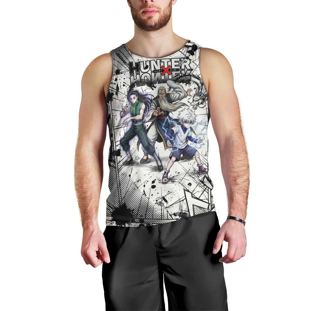 Killua Silva Illumi Team Design Men Tank Top with Monochrome Graffiti Background and Hunter Association Symbols - The Mazicc