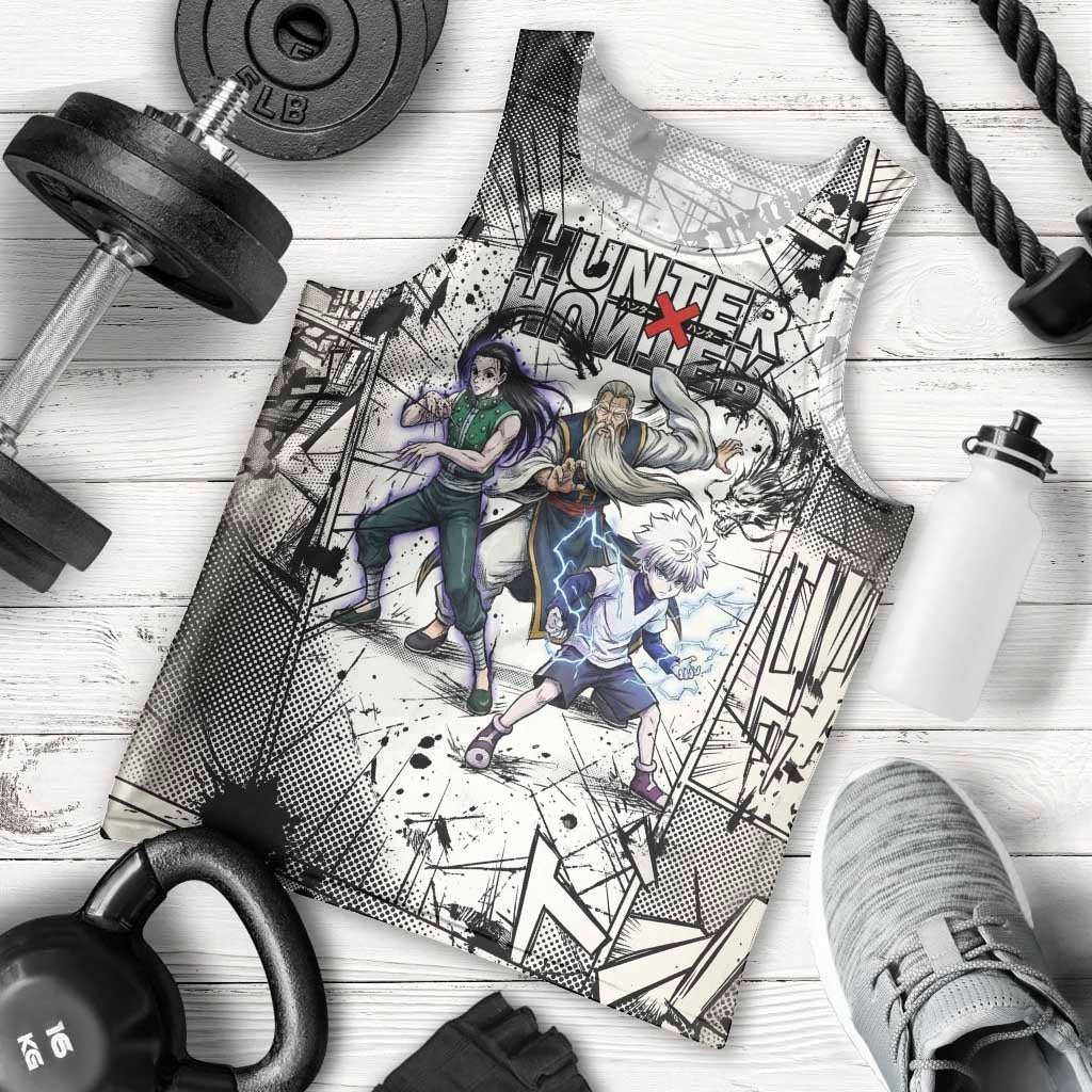 Killua Silva Illumi Team Design Men Tank Top with Monochrome Graffiti Background and Hunter Association Symbols - The Mazicc