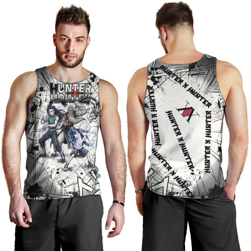 Killua Silva Illumi Team Design Men Tank Top with Monochrome Graffiti Background and Hunter Association Symbols - The Mazicc